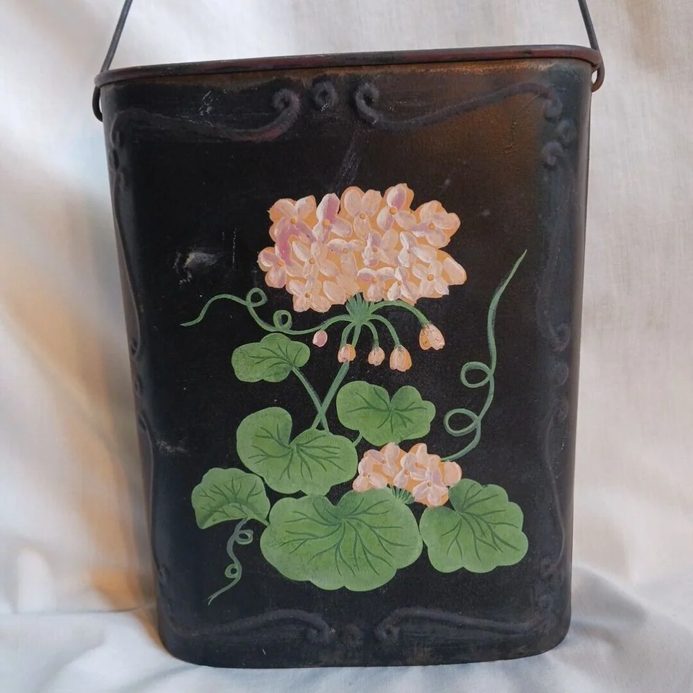 Antique Toleware Wall Hanging Mail Basket Pink And Black